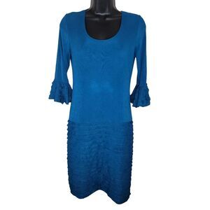 Slinky Knit Brand Turquoise Blue Tiered Ruffled Bell Sleeve Dress Size Xs